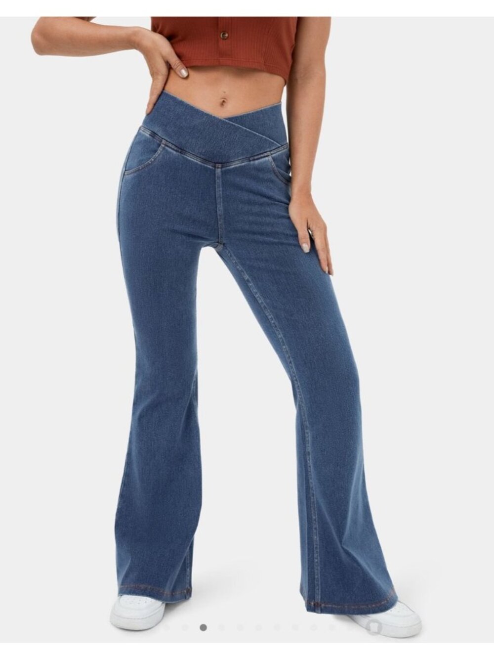 Halara Flex Denim High Waisted Crossover Flare Jeans Sz Medium Tall Back Pocket